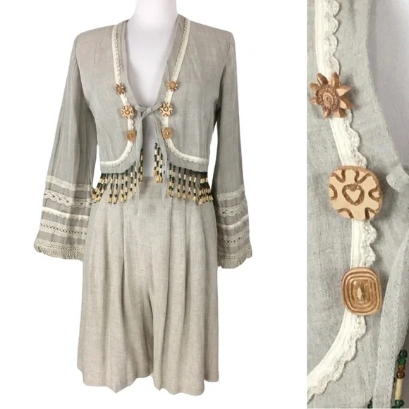 Vintage Sue Wong Linen 2 Piece Suit Jacket Gauchos Linen Wooden Beads size Small - Picture 1 of 16